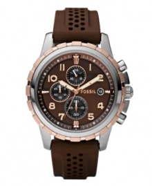 Sport style never looked so handsome. Watch by Fossil crafted of brown perforated silicone strap and round stainless steel case with rose-gold plating at bezel. Brown chronograph dial features applied rose-gold numerals, white minute track, date window at three o'clock, three subdials, three hands and logo. Quartz movement. Water resistant to 50 meters. Eleven-year limited warranty. Sport style never looked so handsome. Watch by Fossil crafted of brown perforated silicone strap and round stainless steel case with rose-gold plating at bezel. Brown chronograph dial features applied rose-gold numerals, white minute track, date window at three o'clock, three subdials, three hands and logo. Quartz movement. Water resistant to 50 meters. Eleven-year limited warranty.