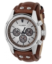 With multiple functions and a chunky leather strap, this masculine watch from Fossil is perfect for every occasion. Brown leather strap. Silvertone stainless steel round case and round silvertone dial with three subdials, date window, logo and stick indices. Quartz movement. Water resistant to 100 meters. 11-year limited warranty. With multiple functions and a chunky leather strap, this masculine watch from Fossil is perfect for every occasion. Brown leather strap. Silvertone stainless steel round case and round silvertone dial with three subdials, date window, logo and stick indices. Quartz movement. Water resistant to 100 meters. 11-year limited warranty.