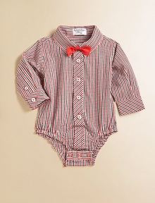 A classic plaid button-down one-piece for your little boy is handsome and sophisticated with a bow tie and bottom snaps for easy on and off.Shirt collarLong sleeves with button cuffsButton-frontBottom snapsCottonMachine washImported Please note: Number of buttons/snaps may vary depending on size ordered. A classic plaid button-down one-piece for your little boy is handsome and sophisticated with a bow tie and bottom snaps for easy on and off.Shirt collarLong sleeves with button cuffsButton-frontBottom snapsCottonMachine washImported Please note: Number of buttons/snaps may vary depending on size ordered.