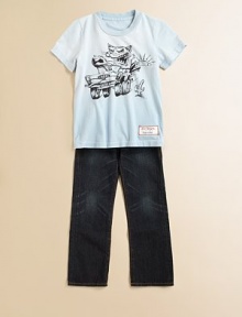 A deep, dark wash with occasional fading and whiskering, plus the favorite bootcut leg.Waistband with button close, belt loops and inside adjustable tabsZip flyFront scoop pockets and coin pockets with rivetsBack waist pony hair logo patchBack patch pockets with horseshoe stitchingBootcut leg100% cottonMachine washImported A deep, dark wash with occasional fading and whiskering, plus the favorite bootcut leg.Waistband with button close, belt loops and inside adjustable tabsZip flyFront scoop pockets and coin pockets with rivetsBack waist pony hair logo patchBack patch pockets with horseshoe stitchingBootcut leg100% cottonMachine washImported