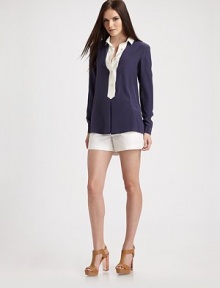 Simply tailored in two tones of silk crepe de chine for a look of casual elegance.Contrast spread collarLong sleeves with button cuffsWide contrast button placketInverted center front pleatBack yokeAbout 29 from shoulder to hemSilkDry cleanImported Model shown is 5'10 (177cm) wearing US size 4. Simply tailored in two tones of silk crepe de chine for a look of casual elegance.Contrast spread collarLong sleeves with button cuffsWide contrast button placketInverted center front pleatBack yokeAbout 29 from shoulder to hemSilkDry cleanImported Model shown is 5'10 (177cm) wearing US size 4.
