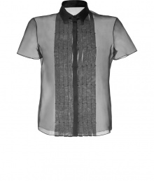 Ultra delicate and equally feminine, Jil Sander Navys sheer silk top is a cool choice for work to cocktails chic - Cutaway collar, short sleeves, pleated button-down front, sheer - Relaxed boxy fit - Team with a lacy camisole and sleek tailored separates for work Ultra delicate and equally feminine, Jil Sander Navys sheer silk top is a cool choice for work to cocktails chic - Cutaway collar, short sleeves, pleated button-down front, sheer - Relaxed boxy fit - Team with a lacy camisole and sleek tailored separates for work