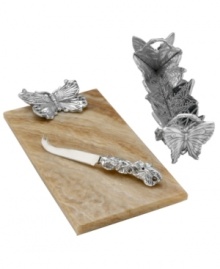 Invite fresh whimsy to the table on the wings of Butterfly serveware. Swarming with butterflies, the three-piece cheese set features a beautiful onyx cheese board, plus a cheese knife and cracker tray sculpted in gleaming metal. A delight for nature lovers! Invite fresh whimsy to the table on the wings of Butterfly serveware. Swarming with butterflies, the three-piece cheese set features a beautiful onyx cheese board, plus a cheese knife and cracker tray sculpted in gleaming metal. A delight for nature lovers!
