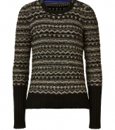 Detailed with a surprise of sleek metallic knit patterning, Juicy Coutures classic pullover is a chic and easy way to dress up your casual (or cocktail) looks - Round neckline, long sleeves, black ribbed trim, allover metallic fairisle knit patterning - Form-fitting - Dress down with jeans and flats, or up for cocktails with a pencil skirt and heels