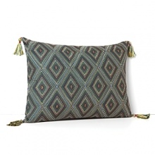 Reminiscent of exotic handcrafted textiles, this Sky decorative pillow boasts a opulent pattern of concentric multi-hued diamonds accented by regal corner tassels. Reminiscent of exotic handcrafted textiles, this Sky decorative pillow boasts a opulent pattern of concentric multi-hued diamonds accented by regal corner tassels.