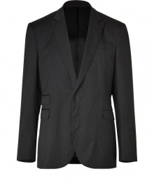 Sleek and sophisticated with cool button detailing at the cuffs, Costume Nationals pinstriped wool blazer lends a modern edge to your sharp business wardrobe - Peaked lapel, long sleeves, button detailed cuffs, flap and slit pockets, double back vents - Slim tailored fit - Wear with the matching pants and slick leather lace-ups