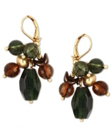 Earthy tones. Jones New York combines classic green, brown and gold on this set of earrings. The pair is crafted from gold tone mixed metal and features plastic and resin beads. Approximate drop: 1-1/2 inches. Earthy tones. Jones New York combines classic green, brown and gold on this set of earrings. The pair is crafted from gold tone mixed metal and features plastic and resin beads. Approximate drop: 1-1/2 inches.