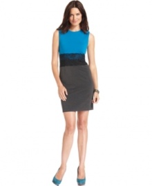 NY Collection gives this sheath extra fashionable flair with a contrasting bodice and skirt and a sheer lace waistband. NY Collection gives this sheath extra fashionable flair with a contrasting bodice and skirt and a sheer lace waistband.