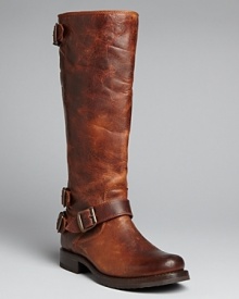 The vintage, distressed look Frye is so good at defines these tall boots, embellished with antiqued buckles. A full length back zip makes these easy riders.