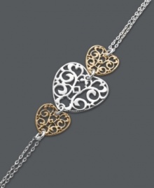 Always the romantic. Express yourself with this adorable triple heart bracelet by Giani Bernini. Filigree setting and double chain crafted in sterling silver and 24k gold over sterling silver. Approximate length: 8 inches.