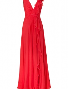 With a cascading drape and a dramatic floor-sweeping length, this Jenny Packham gown will add instant glamour to your black tie look - V-neck with asymmetrical ruffles, sleeveless, fitted bodice with front and back draped detail, full skirt, concealed back zip closure - Style with metallic platform sandals and a statement clutch