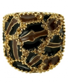 Get your growl on with GUESS. This chic cocktail ring features a leopard-print surface in brown and black epoxy with sparkling light Colorado topaz glass. Set in gold tone mixed metal. Approximate band width: 3/4 inch. Size 8. Get your growl on with GUESS. This chic cocktail ring features a leopard-print surface in brown and black epoxy with sparkling light Colorado topaz glass. Set in gold tone mixed metal. Approximate band width: 3/4 inch. Size 8.