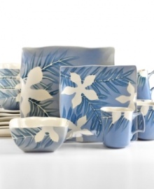 A collection of tropical floral and leaf silhouettes are set in a light blue reactive glaze in the Spring Grove dinnerware set, creating a refreshing design from Gibson in durable stoneware. A collection of tropical floral and leaf silhouettes are set in a light blue reactive glaze in the Spring Grove dinnerware set, creating a refreshing design from Gibson in durable stoneware.