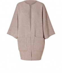 Stylish beige cashmere cardigan from Jil Sander is clean and dramatic - Ultra-soft and cozy, it feels great on - Structured shape features open front, small rounded neckline, wide sleeves and patch pockets - Wear over a simple dress, opaque stockings and boots for a sophisticated look