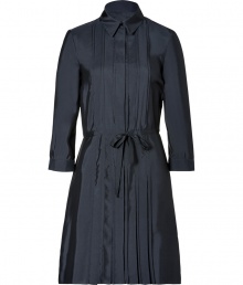 Ultra sleek in silk, Jil Sander Navys pleated shirtdress is an easy and elegant choice for all-season sophistication - Pointed collar, 3/4 sleeves, buttoned cuffs, partial hidden button-down front with snaps at waist, drawstring waistline, pleated front and back - Softly tailored fit - Wear with pumps and an oversized leather clutch Ultra sleek in silk, Jil Sander Navys pleated shirtdress is an easy and elegant choice for all-season sophistication - Pointed collar, 3/4 sleeves, buttoned cuffs, partial hidden button-down front with snaps at waist, drawstring waistline, pleated front and back - Softly tailored fit - Wear with pumps and an oversized leather clutch