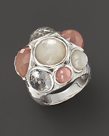 In hues ranging from crystal-clear to blushing pink, faceted quartz and mother-of-pearl shimmer in a sterling silver setting.