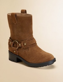 This cowboy-inspired casual design is fashioned in rich suede with a round toe and edgy brass hardware.Suede upper Pull-on style Rubber sole Leather lining Padded insole Imported Additional InformationKid's Shoe Size Guide (European Equivalent) This cowboy-inspired casual design is fashioned in rich suede with a round toe and edgy brass hardware.Suede upper Pull-on style Rubber sole Leather lining Padded insole Imported Additional InformationKid's Shoe Size Guide (European Equivalent)
