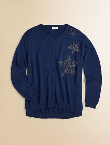 Wishing on a star is easy when she's wearing this cozy cardigan with hi-lo hem and an out-of-this-world embellishment.CrewneckLong sleevesButton-frontHi-lo hem60% rayon/40% cottonMachine washImported Please note: Number of buttons may vary depending on size ordered. Wishing on a star is easy when she's wearing this cozy cardigan with hi-lo hem and an out-of-this-world embellishment.CrewneckLong sleevesButton-frontHi-lo hem60% rayon/40% cottonMachine washImported Please note: Number of buttons may vary depending on size ordered.