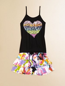 Her heart will skip a pretty beat when she sets her sights on this striking ruffled frock adorned with sequins and a watercolor print.ScoopneckSpaghetti strapsPullover styleDrawstring waistbandRuffled hemRayonHand washImported Her heart will skip a pretty beat when she sets her sights on this striking ruffled frock adorned with sequins and a watercolor print.ScoopneckSpaghetti strapsPullover styleDrawstring waistbandRuffled hemRayonHand washImported