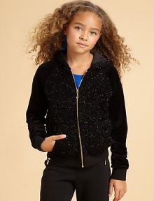 Add a little sparkle to playtime with shimmering specks on the front, back and hood of this cozy hoodie.Attached hoodZip front with J pullLong plain sleeves with ribbed cuffsRibbed waistAngled front pocketsJuicy heart charm near hemCotton jersey liningPolyesterHand washImported Add a little sparkle to playtime with shimmering specks on the front, back and hood of this cozy hoodie.Attached hoodZip front with J pullLong plain sleeves with ribbed cuffsRibbed waistAngled front pocketsJuicy heart charm near hemCotton jersey liningPolyesterHand washImported