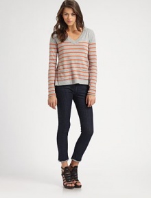 The classic V-neck pullover in a soft cotton/cashmere knit, striped and styled with a slightly flared hem.V necklineLong sleevesPatch pocketsContour hem longer in backAbout 24 from shoulder to hem95% cotton/5% cashmereDry cleanImportedModel shown is 5'9 (175cm) wearing US size Small. The classic V-neck pullover in a soft cotton/cashmere knit, striped and styled with a slightly flared hem.V necklineLong sleevesPatch pocketsContour hem longer in backAbout 24 from shoulder to hem95% cotton/5% cashmereDry cleanImportedModel shown is 5'9 (175cm) wearing US size Small.