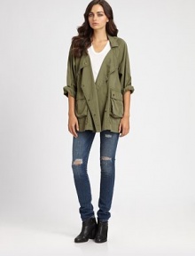 Double-breasted front and oversized cargo pockets add military inspiration to this oversized cotton jacket. Notched collarDouble-breasted snap closuresButtoned flap pocketsLong sleevesFront flap pocketsAbout 25 from shoulder to hemCottonMachine washMade in USAModel shown is 5'10 (177cm) wearing US size Small. Double-breasted front and oversized cargo pockets add military inspiration to this oversized cotton jacket. Notched collarDouble-breasted snap closuresButtoned flap pocketsLong sleevesFront flap pocketsAbout 25 from shoulder to hemCottonMachine washMade in USAModel shown is 5'10 (177cm) wearing US size Small.