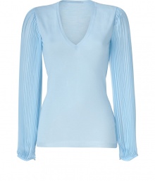 Lady-chic looks get a decidedly feminine finish in Emilio Puccis ultra glamorous soft azure pullover, finished with pleated long sleeves in exquisitely chic billowing sheer silk - V-neckline, long pleated sleeves, gathered buttoned cuffs, slim straight fit - Team with tailored separates and a shimmer of sparkly fine jewelry