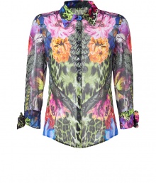 Inject bold style into your workweek staples with this vibrant floral printed button down from Roberto Cavalli - Spread collar, front button placket, three-quarter sleeves with bow-detailed cuffs, curved hem, semi-sheer, all-over floral print - Style with cropped trousers, peep-toe pumps, and a statement satchel