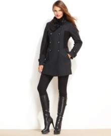 GUESS combines a military-inspired tailoring with fashion-forward colorblocked knit insets and a luxe faux fur collar for a wholly unique coat. GUESS combines a military-inspired tailoring with fashion-forward colorblocked knit insets and a luxe faux fur collar for a wholly unique coat.