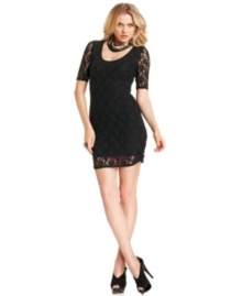Sheer lace makes this GUESS mini dress a super sultry pick for standout soiree style -- pair it with sparkly extras! Sheer lace makes this GUESS mini dress a super sultry pick for standout soiree style -- pair it with sparkly extras!