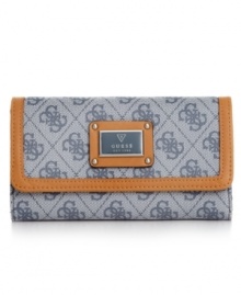 The slim version of the File clutch, this sleek Scandal from GUESS combines the same iconic 4-G pattern and polished silver-tone hardware for that luxe look you love. Its precisely organized interior includes billfold compartments, ID window and plenty of card slots, so your essentials stay safe and secure. The slim version of the File clutch, this sleek Scandal from GUESS combines the same iconic 4-G pattern and polished silver-tone hardware for that luxe look you love. Its precisely organized interior includes billfold compartments, ID window and plenty of card slots, so your essentials stay safe and secure.