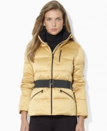 Lauren Ralph Lauren's modernized petite classic, the mockneck down jacket is given a chic belt for a slimming and stylish look. Lauren Ralph Lauren's modernized petite classic, the mockneck down jacket is given a chic belt for a slimming and stylish look.