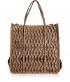 Elegant and artistic lined mesh leather shopper bag - Made of tan, studded leather in cross-hatch pattern - Decorative buckles - Long, thin shoulder straps for easy carrying and access to spacious interior with pockets - Ideal for weekends, errands