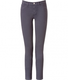 Stylish jean in fine, dark purple cotton stretch denim - Skinny, medium rise capri cut sits comfortably at hips - Classic five pocket style crops above ankles - Zip fly, belt loops and single button closure - Versatile and chic, great for day or evening - Dress up with an oversize silk blouse and platform pumps, or go for a more casual look with a billowy tunic top and leather sandals