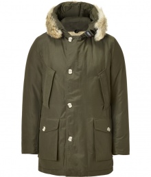 Stylish and sporty olive down coat in a washable cotton blend from the American heritage label Woolrich - Tapers slightly at waist, hits at mid-thigh - Rabbit fur collar lends this coat a veritable feeling of warmth and luxe - Water and snow resistant, with multiple pockets and hood - Exceptionally warm, can be worn in temperatures as low as -30 F - A versatile, classic coat perfect for both city streets and country slopes Stylish and sporty olive down coat in a washable cotton blend from the American heritage label Woolrich - Tapers slightly at waist, hits at mid-thigh - Rabbit fur collar lends this coat a veritable feeling of warmth and luxe - Water and snow resistant, with multiple pockets and hood - Exceptionally warm, can be worn in temperatures as low as -30 F - A versatile, classic coat perfect for both city streets and country slopes
