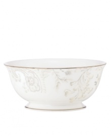 Crafted of exquisite bone china with high-fashion florals and shimmering platinum and mica accents, the Paisley Bloom serving bowl from Marchesa by Lenox turns heads at any formal table. Crafted of exquisite bone china with high-fashion florals and shimmering platinum and mica accents, the Paisley Bloom serving bowl from Marchesa by Lenox turns heads at any formal table.