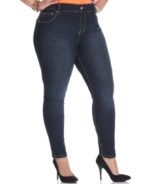 Rock the season's hottest tops with Baby Phat's plus size skinny jeans, finished by a dark wash!