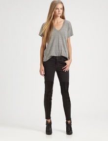 Your favorite stretch skinnies dipped in gleaming faux leather for a rocker-chic edge. THE FITMedium rise, about 8Inseam, about 28THE DETAILSZip flyFive-pocket styleFaux-leather panelingCotton/elastaneMachine washMade in USA of imported fabricModel shown is 5'11 (178cm) wearing US size 4. Your favorite stretch skinnies dipped in gleaming faux leather for a rocker-chic edge. THE FITMedium rise, about 8Inseam, about 28THE DETAILSZip flyFive-pocket styleFaux-leather panelingCotton/elastaneMachine washMade in USA of imported fabricModel shown is 5'11 (178cm) wearing US size 4.