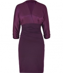 Contrast texture and color to elegant effect with Paule Kas aubergine silk and cotton blend dress - Especially flattering, thanks to a touch of stretch - Wrap-style bodice with deep v-neck and gathered, 3/4 sleeves - High-waisted, ruched pencil skirt hits above the knee - Zips at side -  Seamlessly transitions from the office to evenings out - Pair with platform pumps, ankle booties or strappy sandals