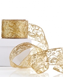 Wrap up the holiday season with lovely golden ribbon. Featuring sheer fabric with a gold glitter swirl design, this ribbon is perfect for decorating the tree, wrapping gifts and so much more.