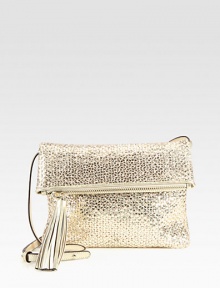 This beautiful textured, woven leather style features zippered pocket in the flap and a convenient detachable strap.Detachable adjustable shoulder strap, 13-23¾ dropFlap closure with zip compartmentLarge tassel zipper pullOne inside zip pocketOne inside open pocketCotton lining11¾W X 8½H X 1DImported This beautiful textured, woven leather style features zippered pocket in the flap and a convenient detachable strap.Detachable adjustable shoulder strap, 13-23¾ dropFlap closure with zip compartmentLarge tassel zipper pullOne inside zip pocketOne inside open pocketCotton lining11¾W X 8½H X 1DImported
