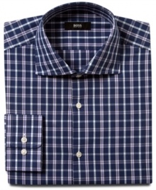 A check you won't mind getting. This crisp, slim-fit shirt from Hugo Boss pays off in your dress wardrobe. A check you won't mind getting. This crisp, slim-fit shirt from Hugo Boss pays off in your dress wardrobe.