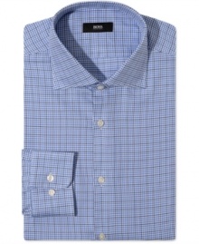 A pulled-back pattern gives this Hugo Boss dress shirt classic cred in your work wardrobe. A pulled-back pattern gives this Hugo Boss dress shirt classic cred in your work wardrobe.