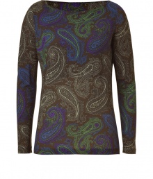Perennially elegant paisley gets a modern, color-infused kick with Etros wool stretch top - Classically chic in an earthy sepia print with bold splashes of green, blue and purple - Long, fitted sleeves and wide, round neckline - Slim silhouette tapers slightly through waist - Versatile and sophisticated, seamlessly transitions from work to weekend - Pair with cigarette pants, skinny denim, pencil skirts and cropped trousers Perennially elegant paisley gets a modern, color-infused kick with Etros wool stretch top - Classically chic in an earthy sepia print with bold splashes of green, blue and purple - Long, fitted sleeves and wide, round neckline - Slim silhouette tapers slightly through waist - Versatile and sophisticated, seamlessly transitions from work to weekend - Pair with cigarette pants, skinny denim, pencil skirts and cropped trousers
