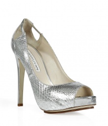 Get the look of the moment in these luxe metallic peep-toe python pumps from Burak Uyan - Peep-toe, front platform, cut out detail at heel, ultra-high stiletto heel - Wear with a figure-hugging cocktail dress and a statement clutch Get the look of the moment in these luxe metallic peep-toe python pumps from Burak Uyan - Peep-toe, front platform, cut out detail at heel, ultra-high stiletto heel - Wear with a figure-hugging cocktail dress and a statement clutch