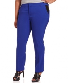 Dress up your work look with Baby Phat's plus size straight leg pants, featuring faux leather trim.