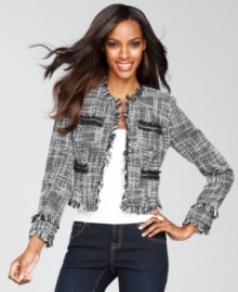 Tweed takes center stage on INC's stylish jacket, complete with fun fringe trim and chain link details. Tweed takes center stage on INC's stylish jacket, complete with fun fringe trim and chain link details.