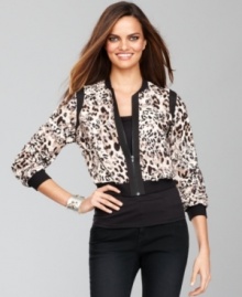 Immediately up the wow! factor of your wardrobe with INC's animal-print bomber jacket. A sexy surprise awaits -- a sheer inset in the back.