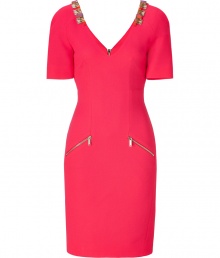 Radiant in neon pink with intricately embellished shoulders, Matthew Williamsons paneled wool sheath is as eye-catching as it is exquisite - V-neckline in front and back, short sleeves, embellished shoulders, slated front zip pockets, exposed metal back zip - Tailored fit - Wear with heels and a bright leather clutch