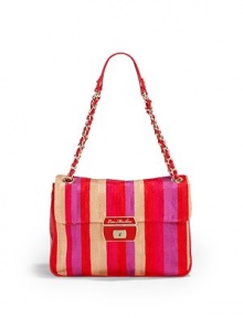 THE LOOKGolden chain and faux leather shoulder strapsRectangular silhouetteTonal striped linen/cotton bodySnakeskin-embossed PVC trimLogo slide-lock enamel flap closureCenter zip compartmentOne inside open pocketOne inside zip pocketInside logo detailTHE MEASUREMENTShoulder straps, 9 drop10½W X 7½H X 3DTHE MATERIAL55% linen/45% cottonPVC trimFully linedORIGINImported THE LOOKGolden chain and faux leather shoulder strapsRectangular silhouetteTonal striped linen/cotton bodySnakeskin-embossed PVC trimLogo slide-lock enamel flap closureCenter zip compartmentOne inside open pocketOne inside zip pocketInside logo detailTHE MEASUREMENTShoulder straps, 9 drop10½W X 7½H X 3DTHE MATERIAL55% linen/45% cottonPVC trimFully linedORIGINImported